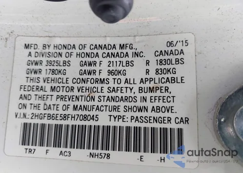 2015 Honda Civic Si from USA, damaged, VIN 2HGFB6E58FH708045